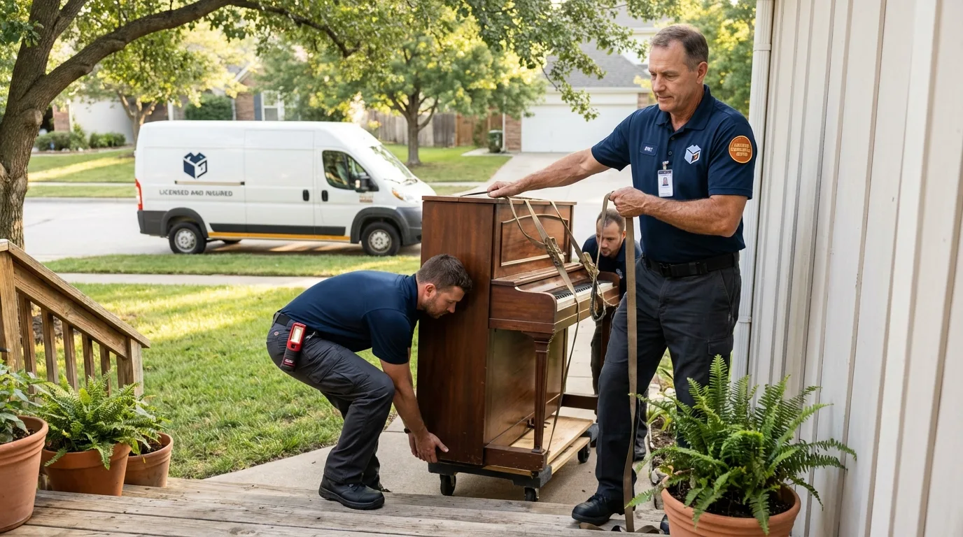 Licensed piano movers securing grand piano in Santa Teresa, NM