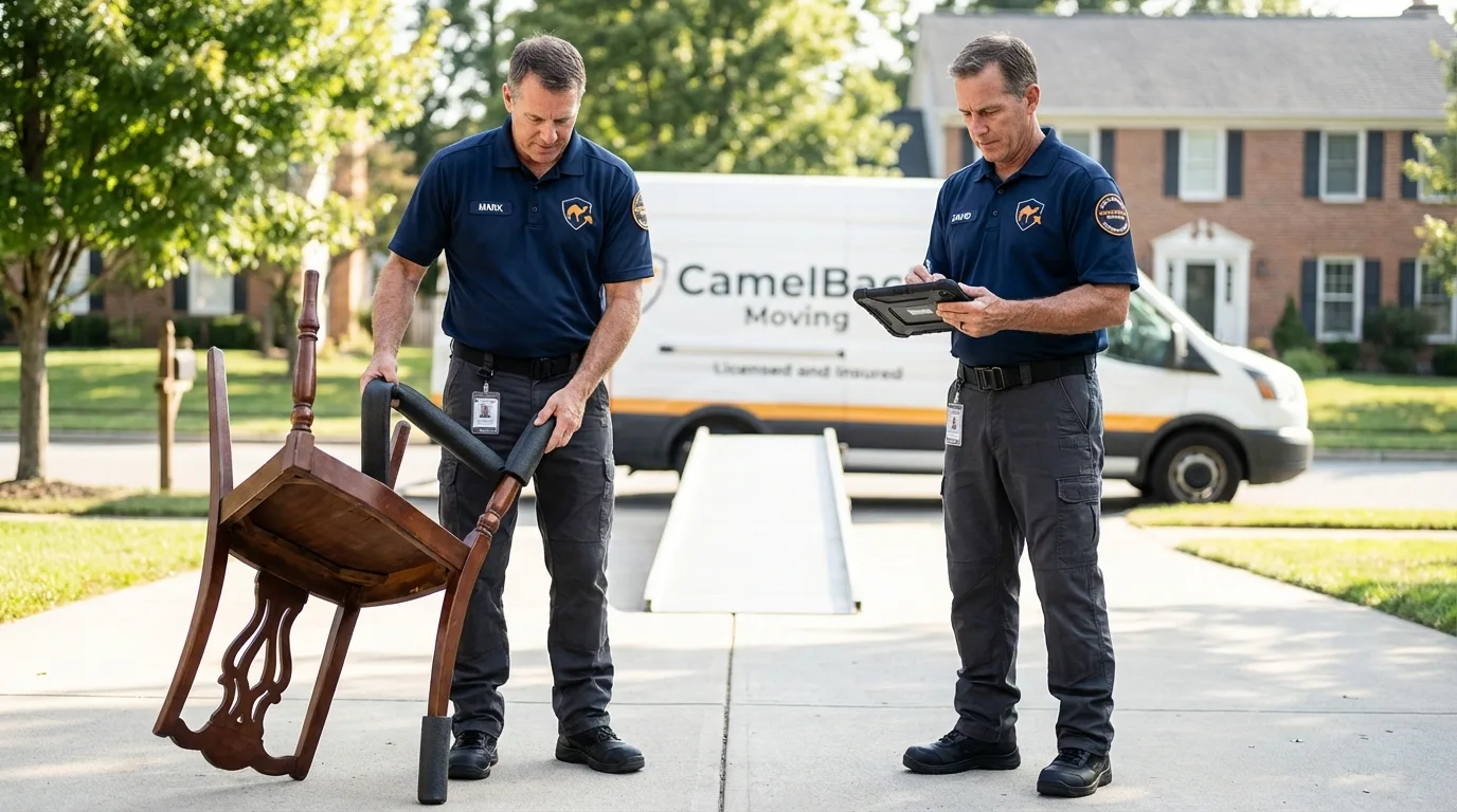 Movers inspecting furniture for damage prevention before loading in Santa Teresa, NM