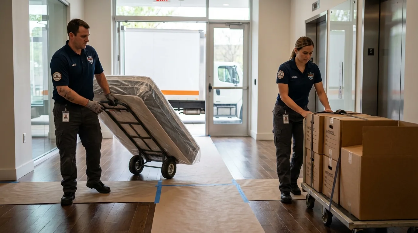 Professional apartment movers loading elevator in Santa Teresa, NM