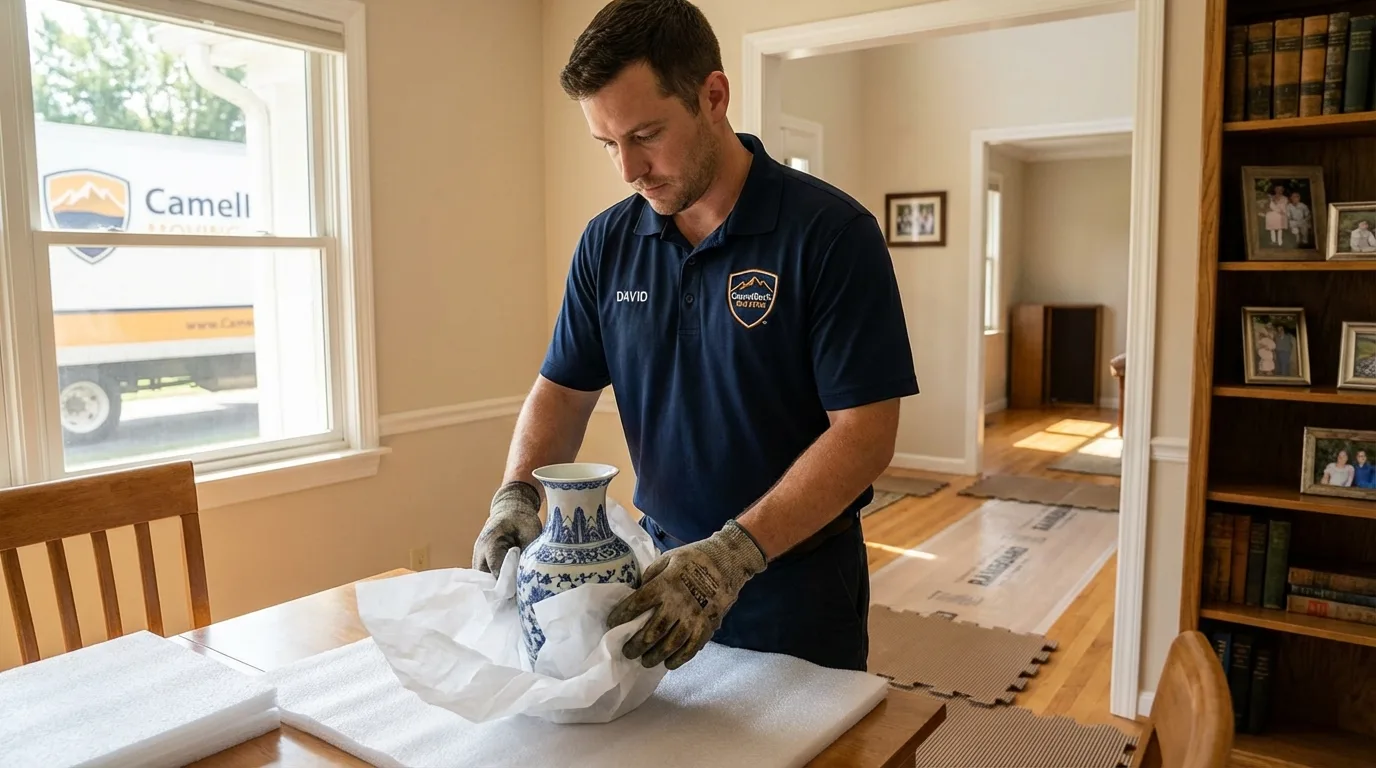 Professional crew carefully wrapping antique vase for senior downsizing move in Santa Teresa, NM