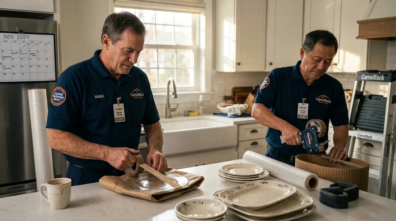 Professional crew packing kitchen dishware in Santa Teresa, NM
